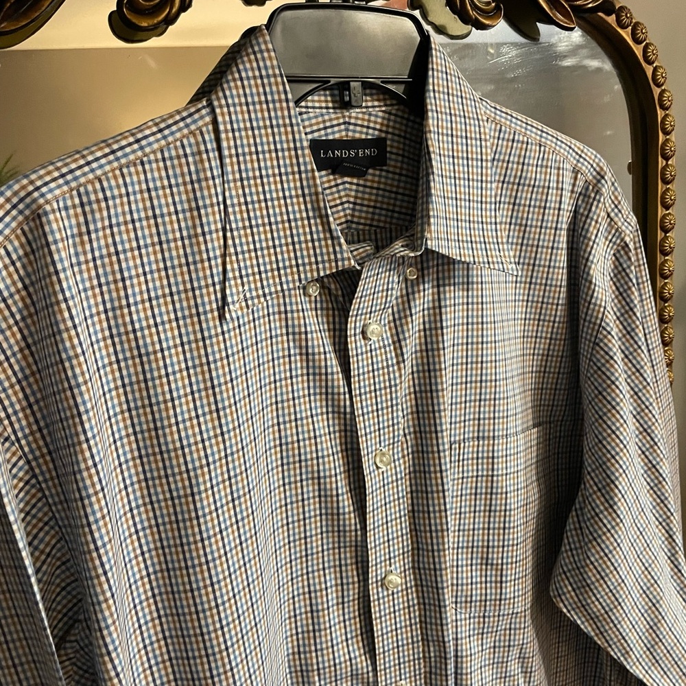 Lands' End Men's Blue and Brown Checkered Shirt
